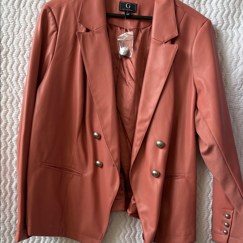 New G by Giuliana Terracotta Vegan Leather Double-Breasted Blazer